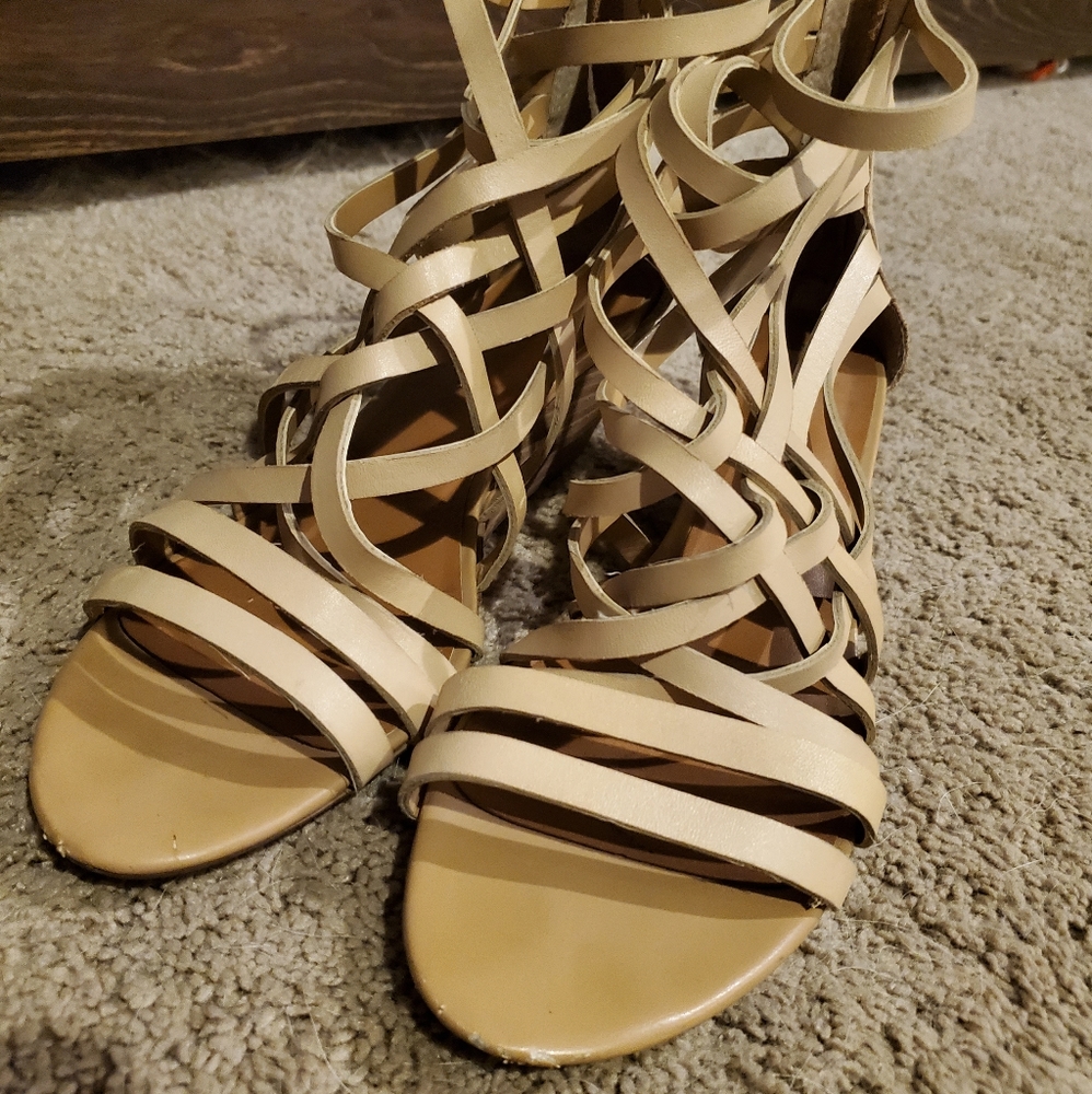 Strappy nude kitten wedge sandals